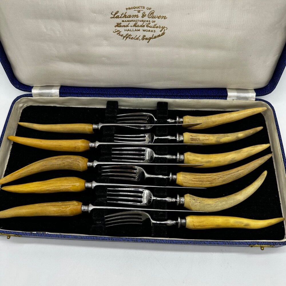 Sheffield Latham Owen Rustic Antler Horn Handle‎ Utensils Knives Forks Cased Set